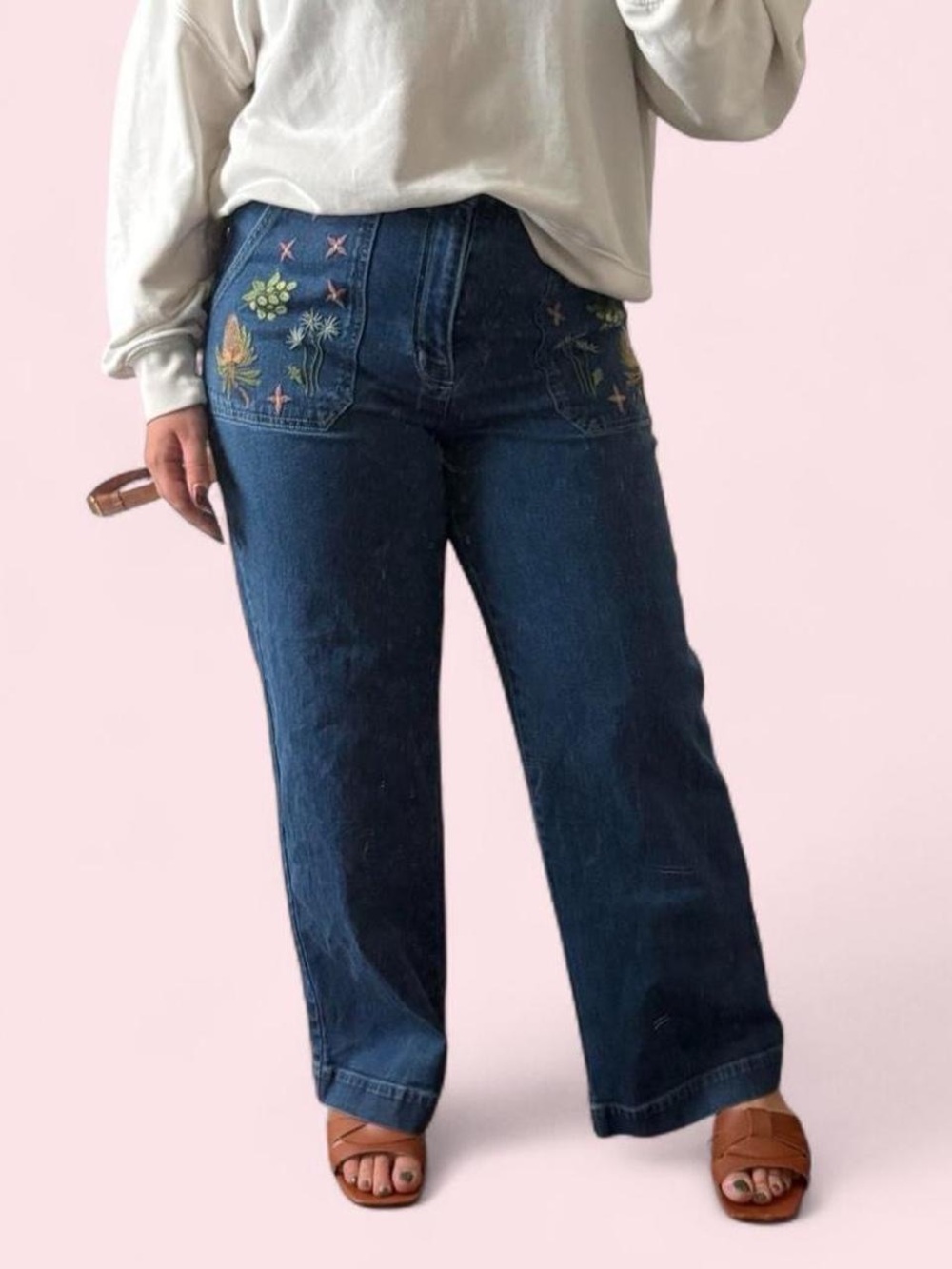 Princess Highway Embroidered High-Waist Wide Leg Jeans - Dark Blue